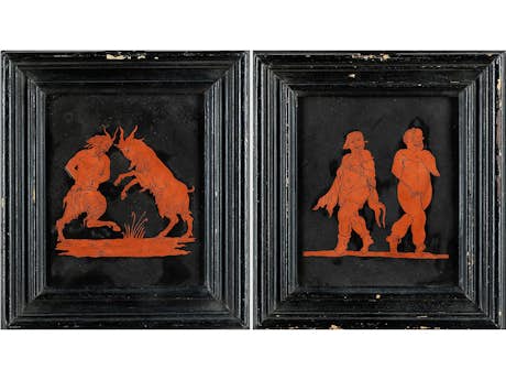 Paar Scagliola-Bildplatten mit antiken Szenenfiguren